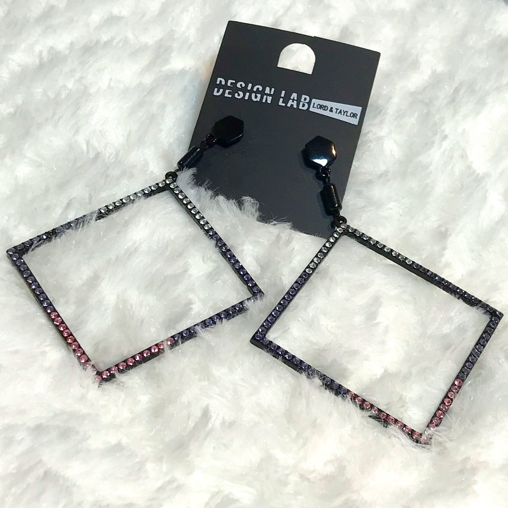 NWT Design Lab Women’s Diamond Shaped Dangle Earrings/Multi Coloured Rhinestones